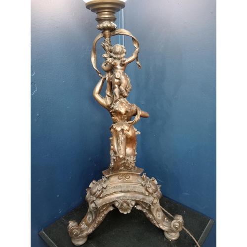 224 - Bronze lamp in the form of a classical female figure and cherub on an ornate base {H 100cm x W 40cm ... 