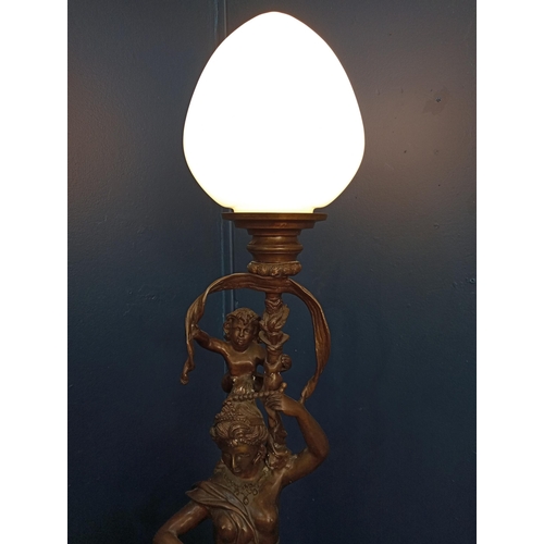 224 - Bronze lamp in the form of a classical female figure and cherub on an ornate base {H 100cm x W 40cm ... 