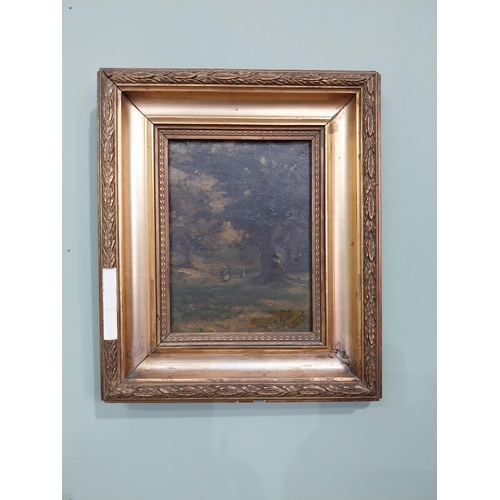 230 - 19th C. figures in the woodland oil on canvas signed mounted in giltwood frame {33 cm H x 28 cm W}.