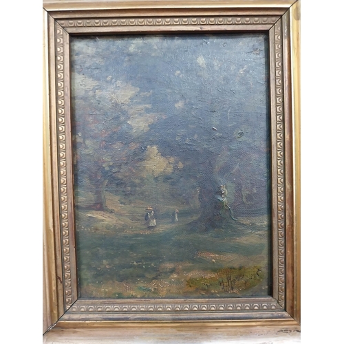 230 - 19th C. figures in the woodland oil on canvas signed mounted in giltwood frame {33 cm H x 28 cm W}.