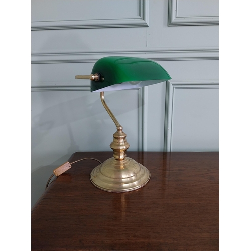 236 - Good quality brass bankers lamp with green glass shade {37 cm H x 27 cm W x 22 cm D}.