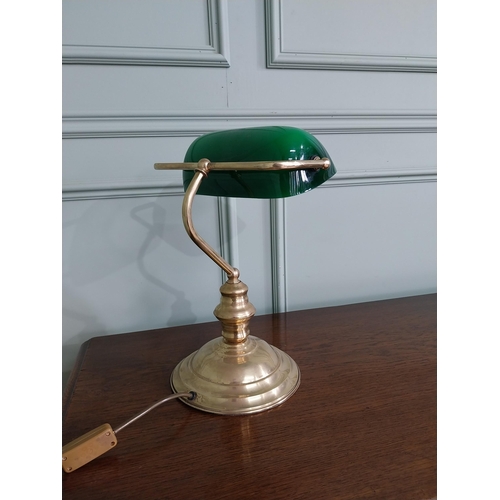 236 - Good quality brass bankers lamp with green glass shade {37 cm H x 27 cm W x 22 cm D}.