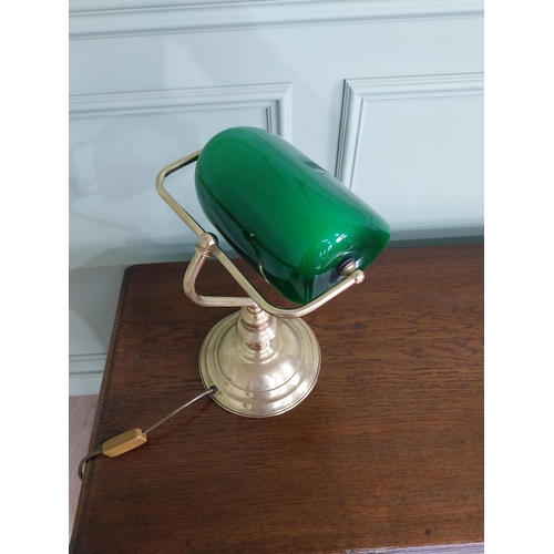 236 - Good quality brass bankers lamp with green glass shade {37 cm H x 27 cm W x 22 cm D}.