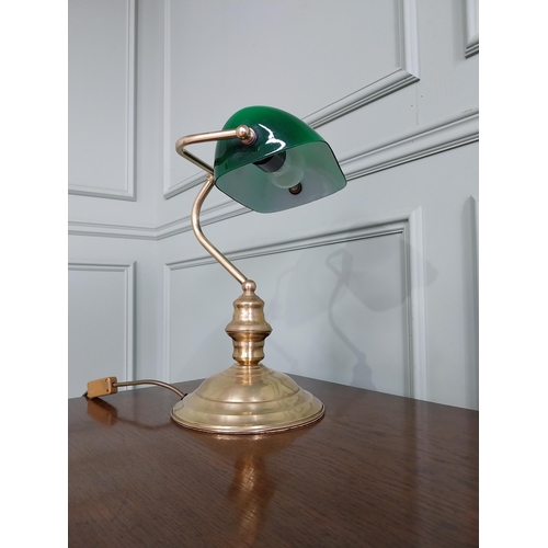 236 - Good quality brass bankers lamp with green glass shade {37 cm H x 27 cm W x 22 cm D}.