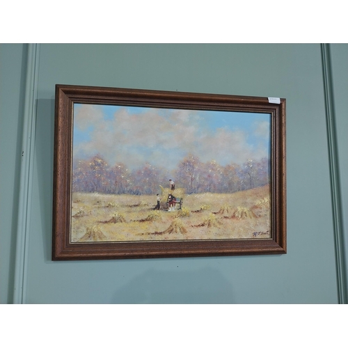 238 - R J Scott The Hayfields Oil on Board mounted in oak frame {50 cm H x 70 cm W}.