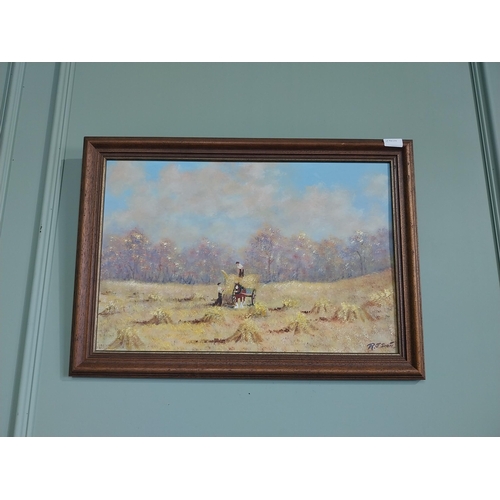 238 - R J Scott The Hayfields Oil on Board mounted in oak frame {50 cm H x 70 cm W}.