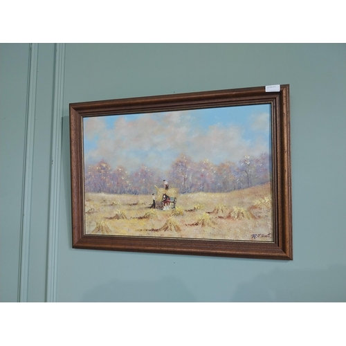 238 - R J Scott The Hayfields Oil on Board mounted in oak frame {50 cm H x 70 cm W}.