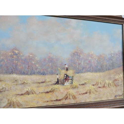 238 - R J Scott The Hayfields Oil on Board mounted in oak frame {50 cm H x 70 cm W}.