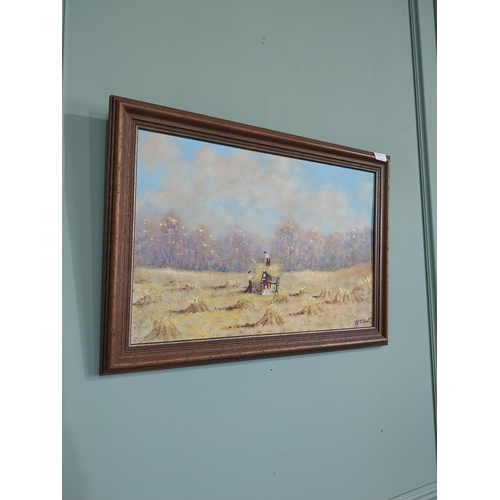 238 - R J Scott The Hayfields Oil on Board mounted in oak frame {50 cm H x 70 cm W}.