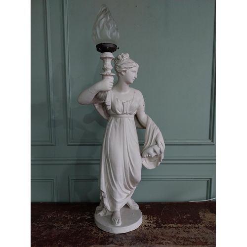 265 - Early 20th C. plaster lamp in the form of a Grecian lady with frosted glass shade {107 cm H x 60 cm ... 