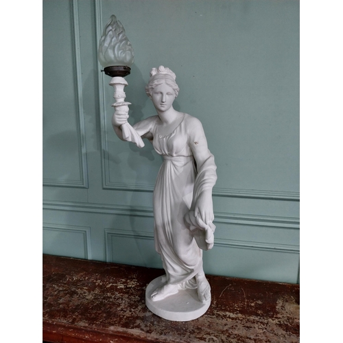 265 - Early 20th C. plaster lamp in the form of a Grecian lady with frosted glass shade {107 cm H x 60 cm ... 