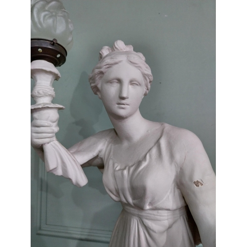 265 - Early 20th C. plaster lamp in the form of a Grecian lady with frosted glass shade {107 cm H x 60 cm ... 