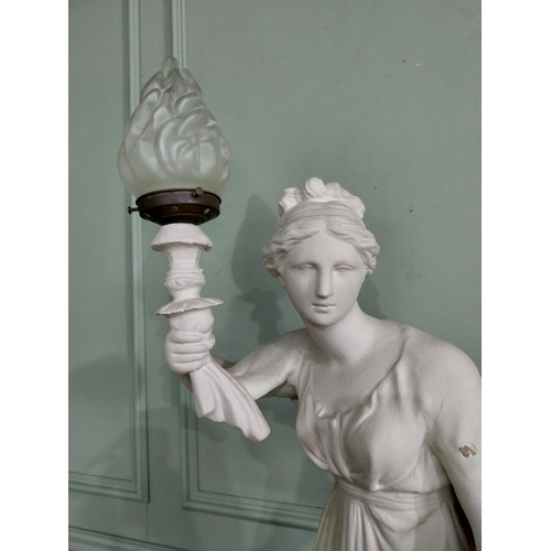 265 - Early 20th C. plaster lamp in the form of a Grecian lady with frosted glass shade {107 cm H x 60 cm ... 