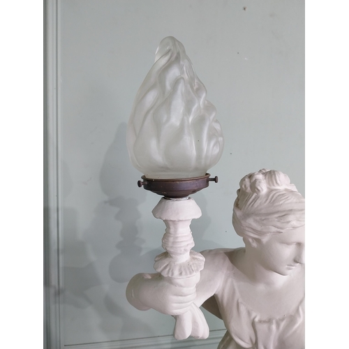 265 - Early 20th C. plaster lamp in the form of a Grecian lady with frosted glass shade {107 cm H x 60 cm ... 