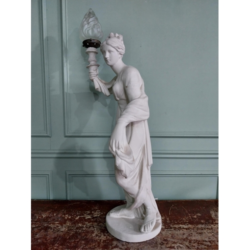 265 - Early 20th C. plaster lamp in the form of a Grecian lady with frosted glass shade {107 cm H x 60 cm ... 