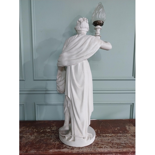 265 - Early 20th C. plaster lamp in the form of a Grecian lady with frosted glass shade {107 cm H x 60 cm ... 