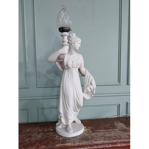 265 - Early 20th C. plaster lamp in the form of a Grecian lady with frosted glass shade {107 cm H x 60 cm ... 