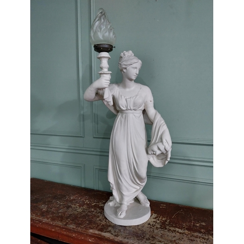 265 - Early 20th C. plaster lamp in the form of a Grecian lady with frosted glass shade {107 cm H x 60 cm ... 