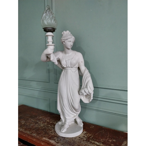 265 - Early 20th C. plaster lamp in the form of a Grecian lady with frosted glass shade {107 cm H x 60 cm ... 