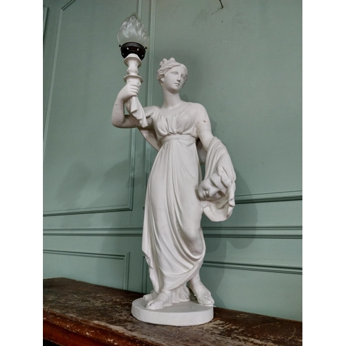 265 - Early 20th C. plaster lamp in the form of a Grecian lady with frosted glass shade {107 cm H x 60 cm ... 