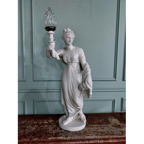 265 - Early 20th C. plaster lamp in the form of a Grecian lady with frosted glass shade {107 cm H x 60 cm ... 