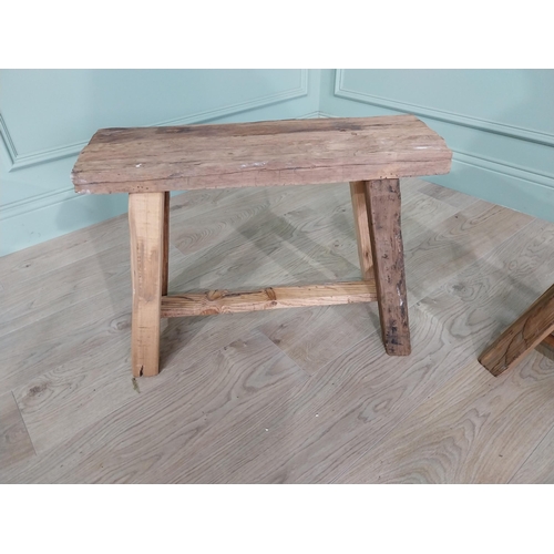 274 - Pair of good quality rustic oak stools raised on splayed legs and single stretcher {46 cm  H x 63 cm... 