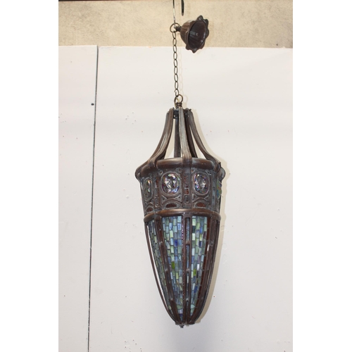 278 - Decorative bronze hanging porch light with leaded glass panels and intricate metal framework {H 80cm... 