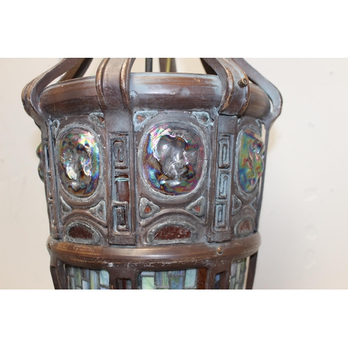 278 - Decorative bronze hanging porch light with leaded glass panels and intricate metal framework {H 80cm... 