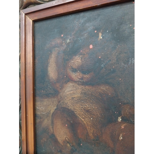 279 - Early 19th C. sleeping child oil on board mounted in giltwood frame {34 cm H x 29 cm W}.