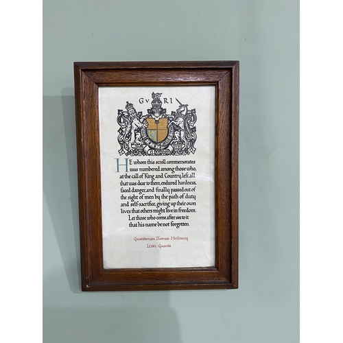 282 - WWI commemorative presentation to Guards man Thomas Holloway Irish guards mounted in oak frame {34 c... 