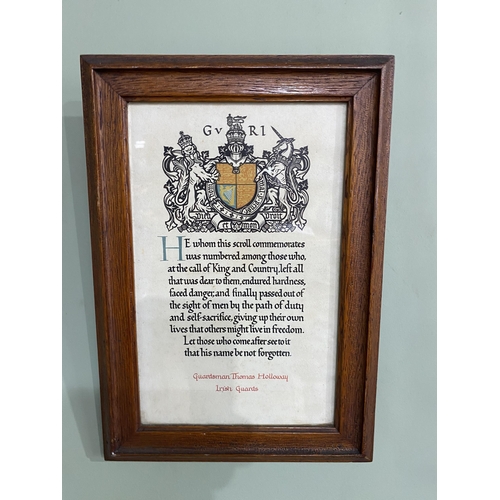 282 - WWI commemorative presentation to Guards man Thomas Holloway Irish guards mounted in oak frame {34 c... 