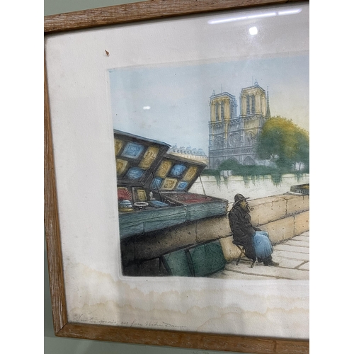 285 - Early 20th C. street sellers at Notre Dame coloured print signed Victor Valery mounted in oak frame ... 