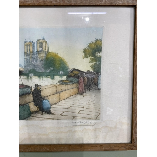 285 - Early 20th C. street sellers at Notre Dame coloured print signed Victor Valery mounted in oak frame ... 