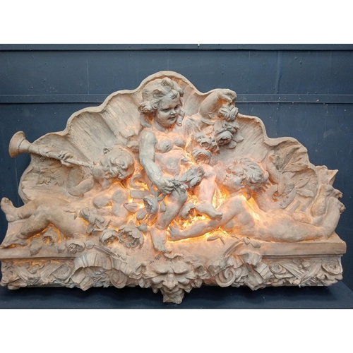 286 - Fiberglass ornate wall mounted plaque depicting playful cherubs surrounded by flowers {H150cm x W 23... 