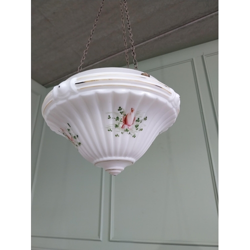 287 - Good quality Victorian opaline glass hanging shade decorated with shamrocks and brass chain {Drop in... 