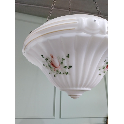 287 - Good quality Victorian opaline glass hanging shade decorated with shamrocks and brass chain {Drop in... 