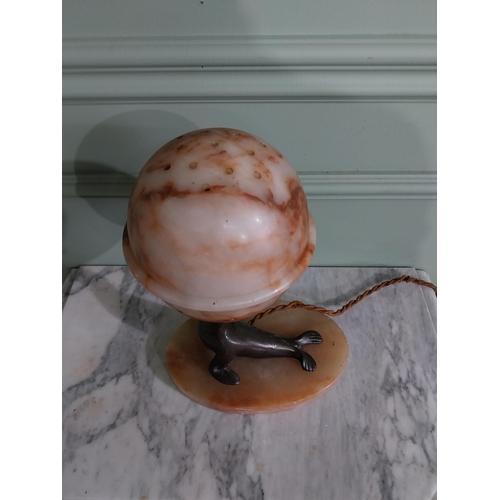 29 - Art Deco alabaster and bronzed spelter table lamp in the form of a Seal {30 cm H x 21 cm W x 14 cm D... 