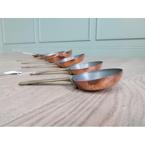 3 - Set of seven copper saucepans with brass handles {43 cm H x 23 cm W and 20 cm H x 9 cm W}.