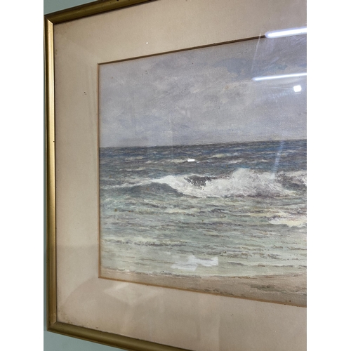 302 - James Aitken Seascape watercolour mounted in gilt frame {Canvas dimension 24.5 cm H x 34.5 cm w}