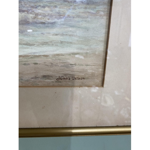 302 - James Aitken Seascape watercolour mounted in gilt frame {Canvas dimension 24.5 cm H x 34.5 cm w}