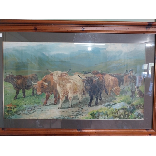 306 - H. Garland Highland Cattle coloured print mounted in walnut frame {71 cm H x 109 cm W}.