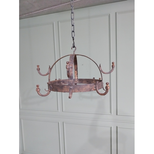 313 - Good quality French wrought iron hanging pot rack {30 cm H x 52 cm Dia.}.