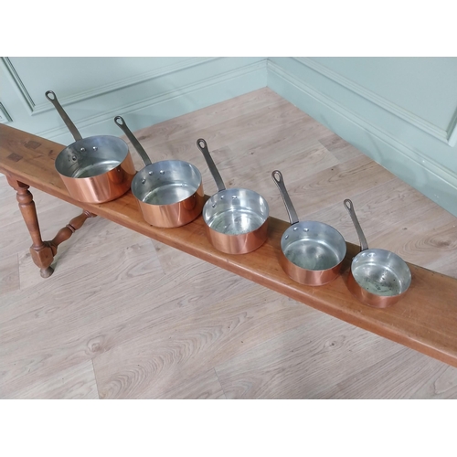 314 - Set of five good quality graduated French copper saucepans with wrought iron handles {17 cm H x 34 c... 