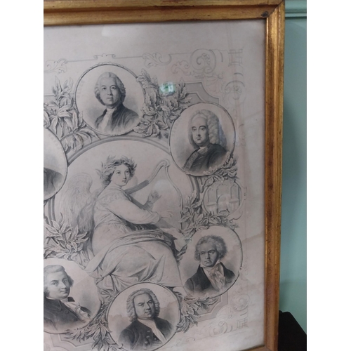 320 - Early 20th C. Six Great Composers engraving mounted in gilt frame {35 cm H x 28 cm W}.