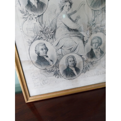 320 - Early 20th C. Six Great Composers engraving mounted in gilt frame {35 cm H x 28 cm W}.