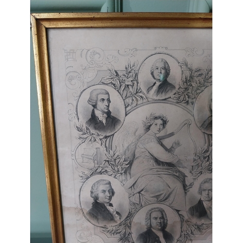 320 - Early 20th C. Six Great Composers engraving mounted in gilt frame {35 cm H x 28 cm W}.