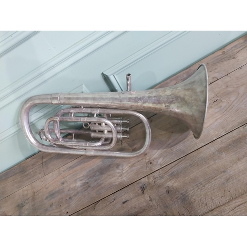 321 - Early 20th C. Boosey and Hawks silverplate Trumpet {60 cm H x 31 cm W  x 22 cm D}.