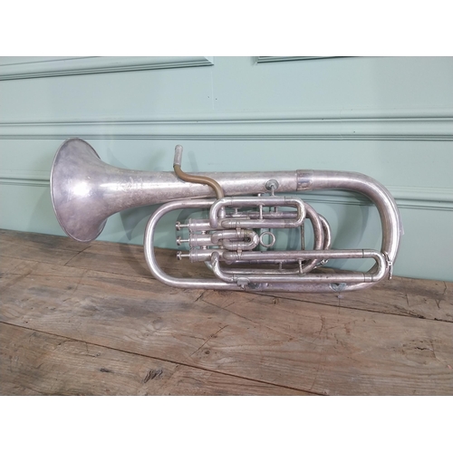 321 - Early 20th C. Boosey and Hawks silverplate Trumpet {60 cm H x 31 cm W  x 22 cm D}.