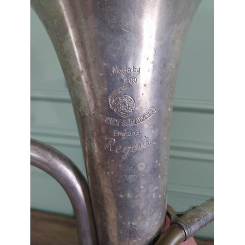 321 - Early 20th C. Boosey and Hawks silverplate Trumpet {60 cm H x 31 cm W  x 22 cm D}.