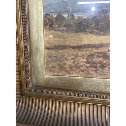 327 - 19th C. Working the fields watercolour with SAM BOUGH plaque mounted in giltwood frame {Canvas dimen... 